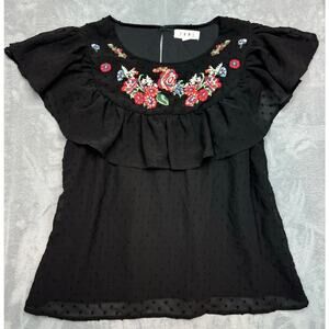 THML Charlotte Black Swiss Dot Embroidered Floral Ruffle Blouse Boho Medium